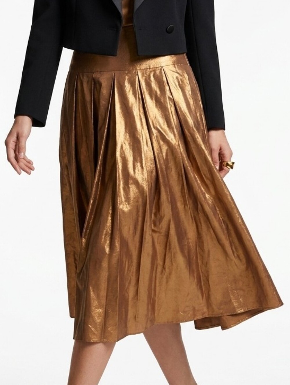 Vintage DKNY Designer Metallic Bronze Gold Silk Pleated Flowy Full Midi Skirt 10